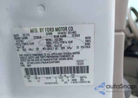 2010 Ford Escape Xls from USA, damaged, VIN 1FMCU0C78AKD47085